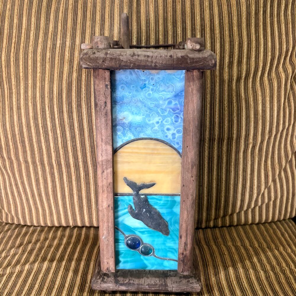 Stained Glass & Driftwood Lantern 1980s Oregon Country Fair Whale Sunset Retro